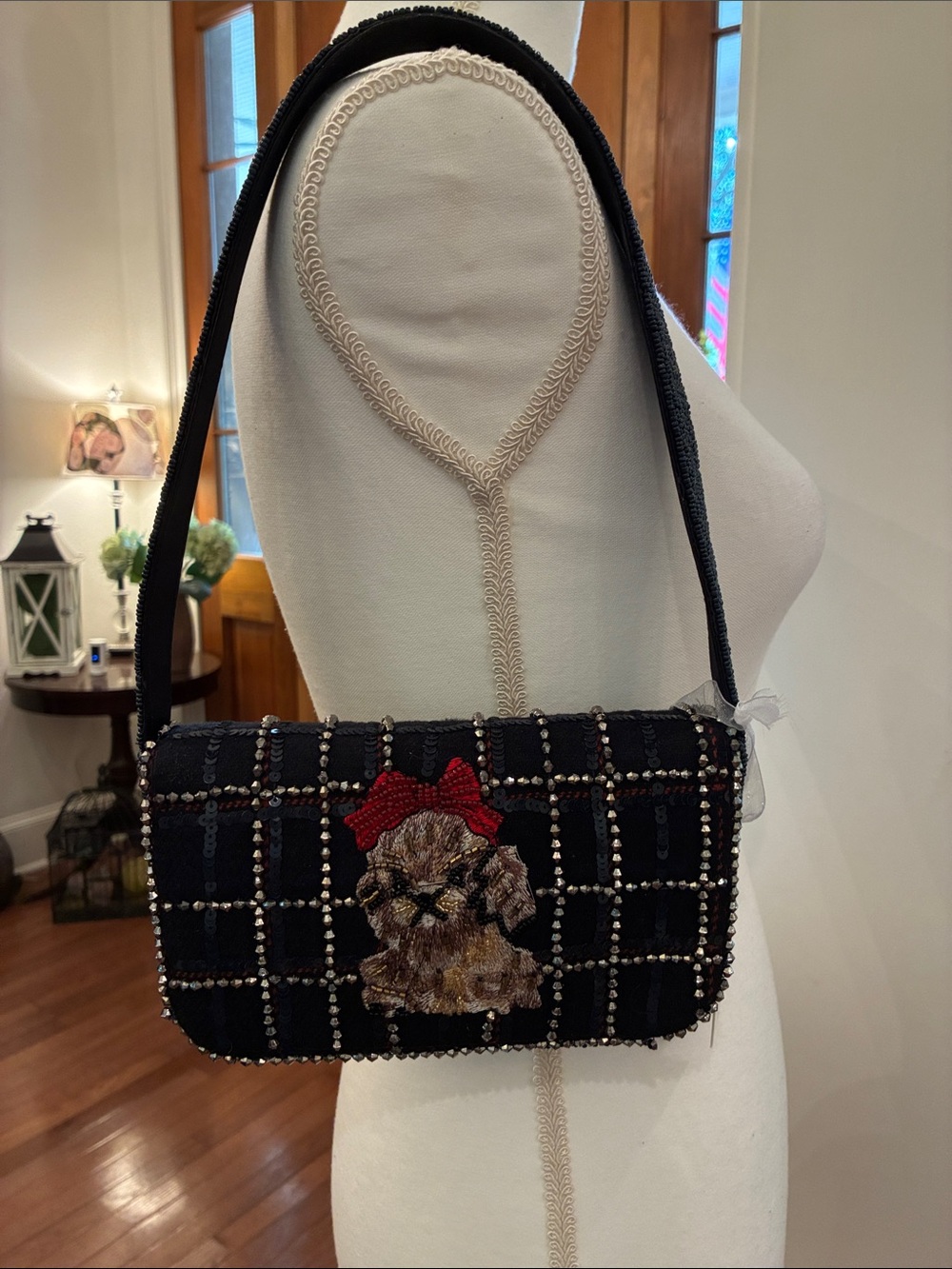 Made in India Navy Beaded Shoulder Bag with Embroidered Puppy and Red Bow Accent